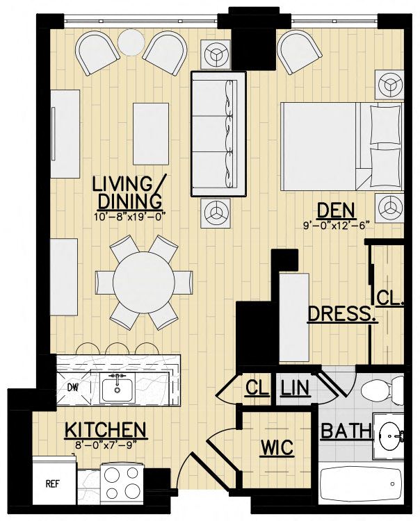 Floor plan for studio, 1 bath, 604 sqft
